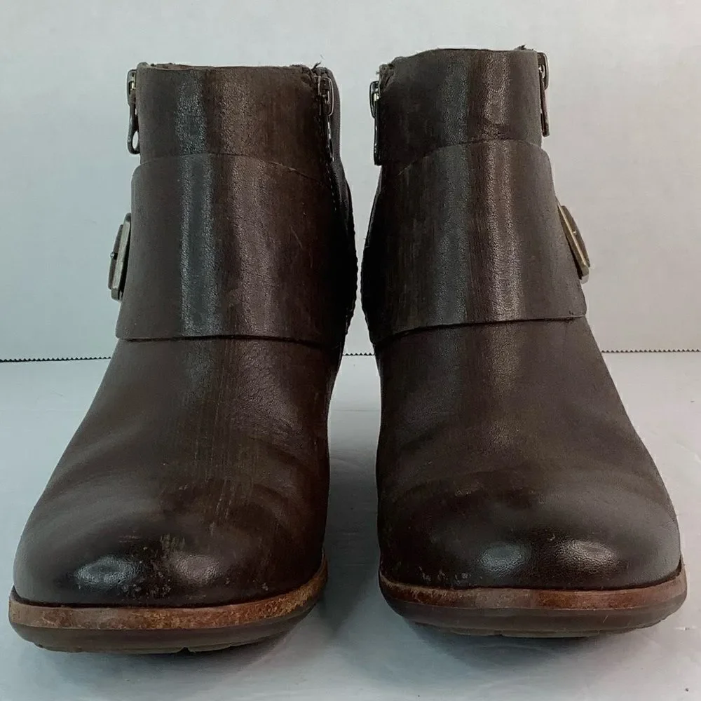 Kork-Ease Block Heel Round Toe Belted Ankle Brown Leather Ankle Booties Sz 6M